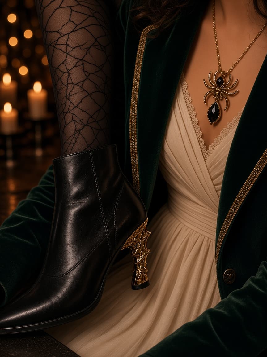 Close-up of spider pendant, velvet coat, and gold-heel boots
