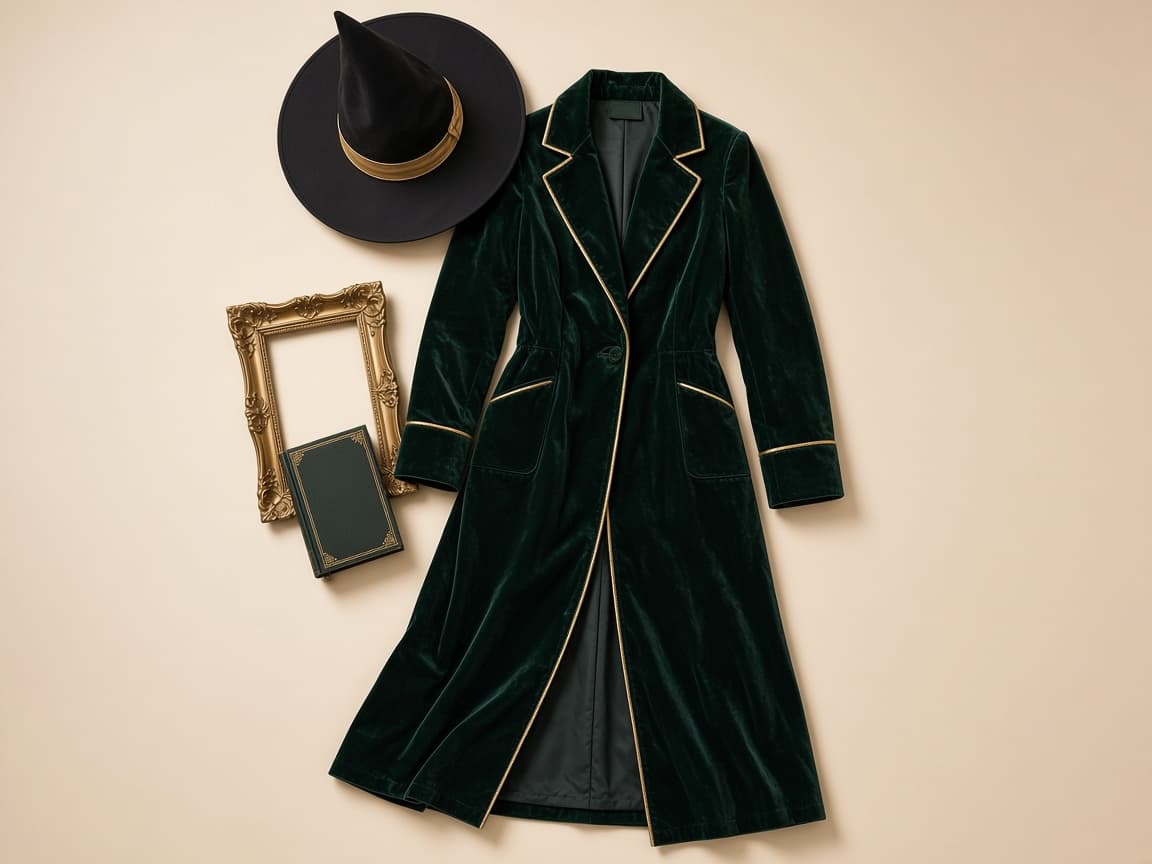 Forest-green velvet coat with gold piping