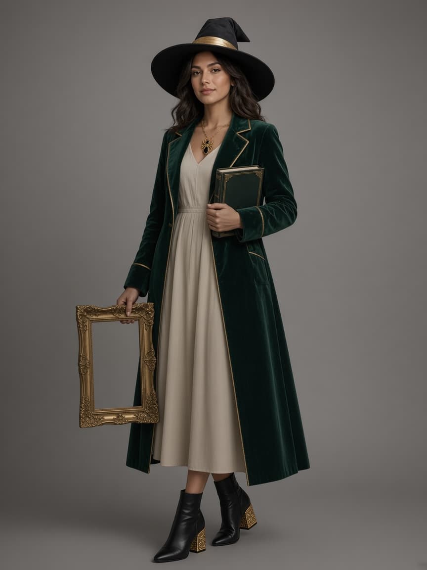 Gilded Frame witch Halloween costume with gold spider pendant, full studio look