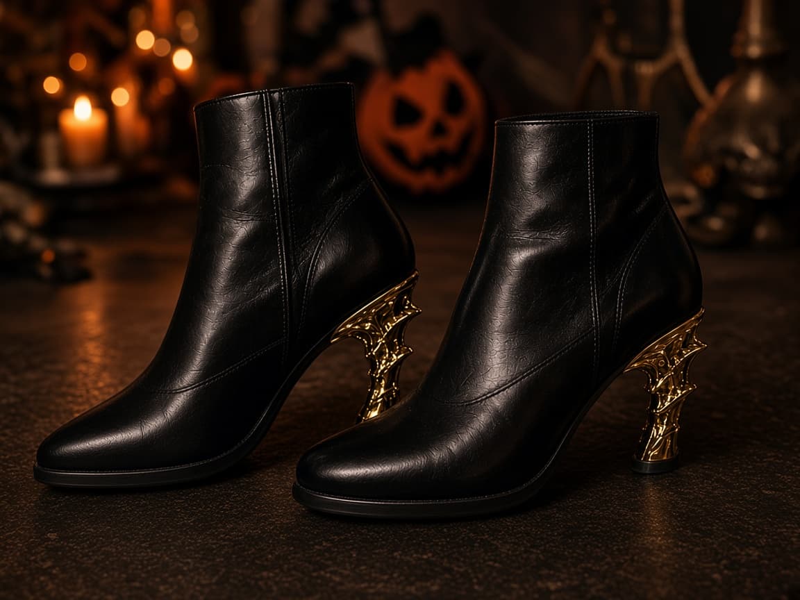 Black ankle boots with gold heel detail