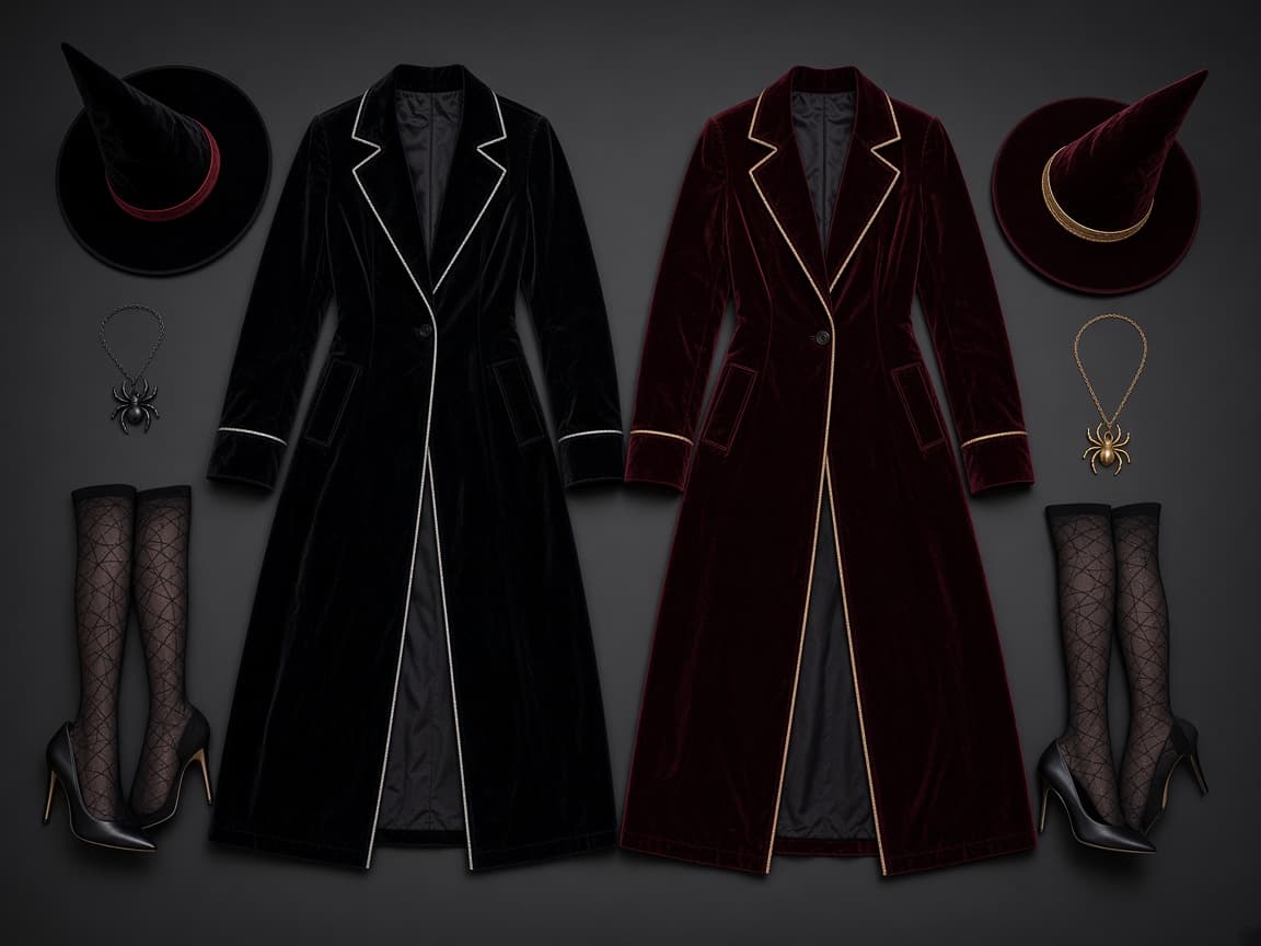 Black velvet coat with silver trim and burgundy velvet coat with gold trim