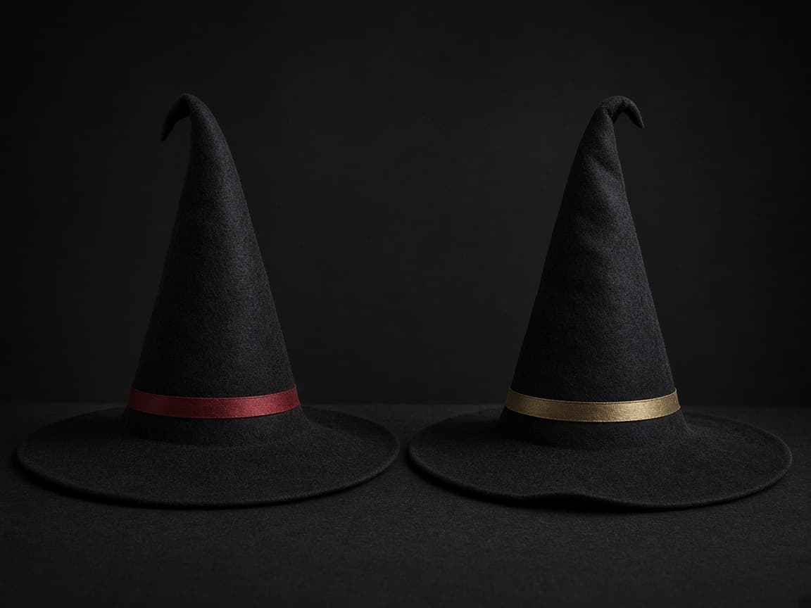 Two black witch hats with red and gold bands