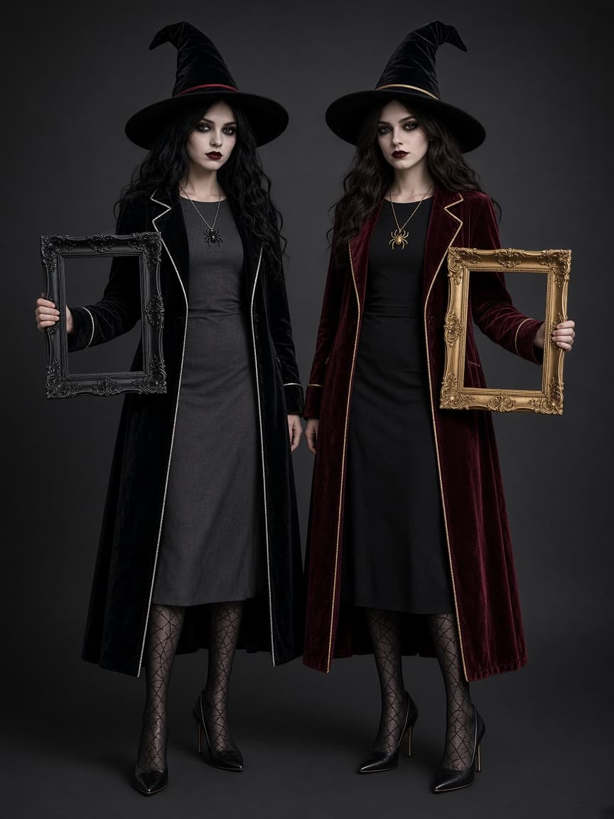 Hollow Frame Sisters duo Halloween costumes, Ash in black and Ember in burgundy