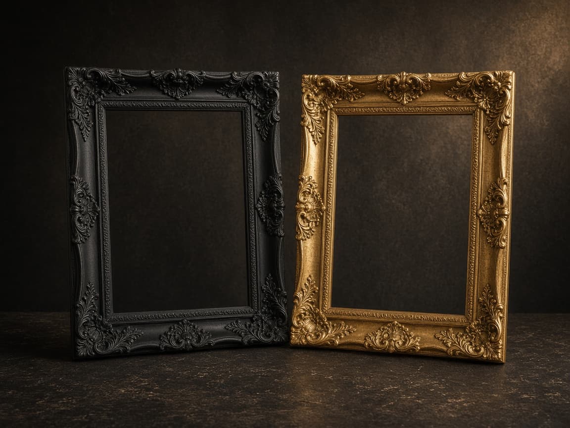 Black ornate frame and gold ornate frame props