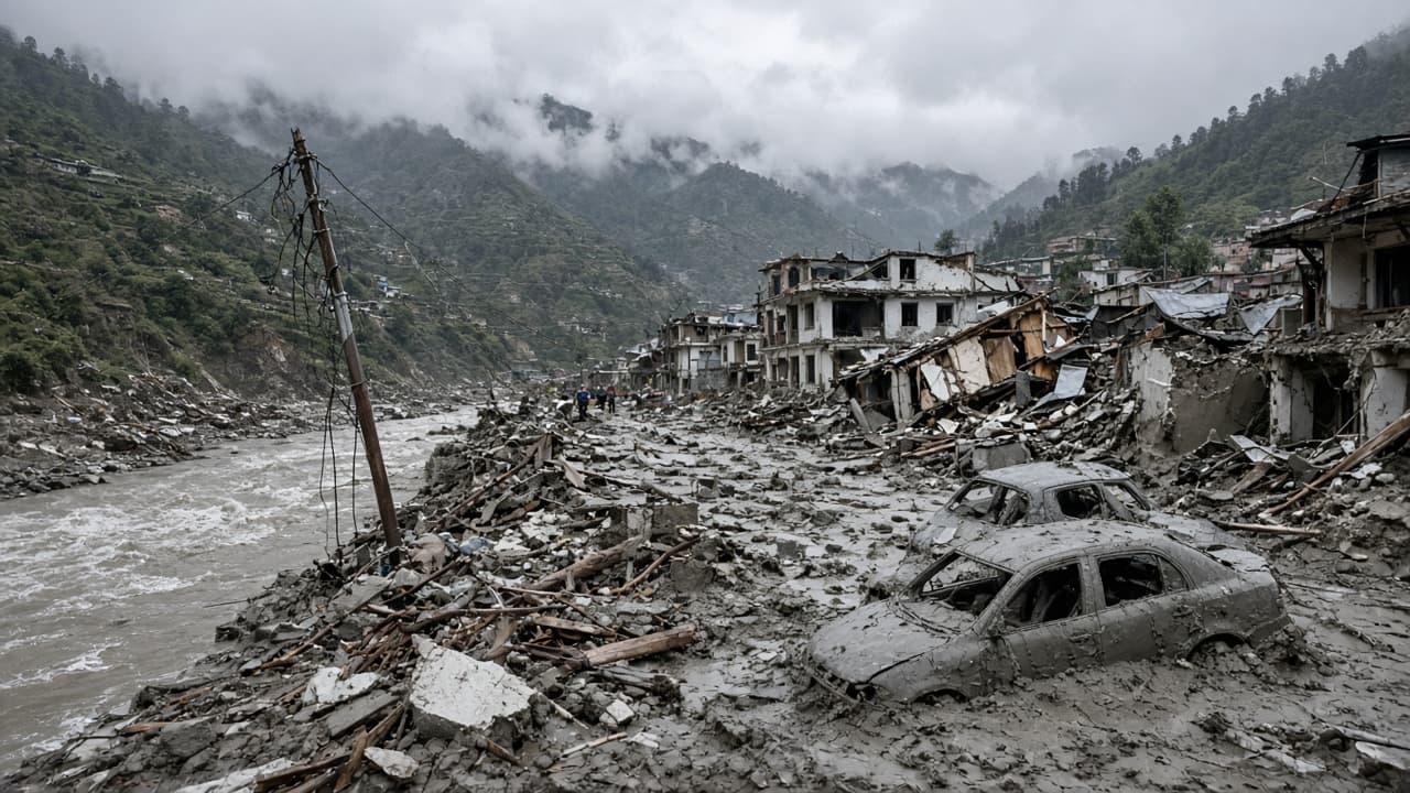 Illustrative view of homes and vehicles damaged after a Himalayan flash flood