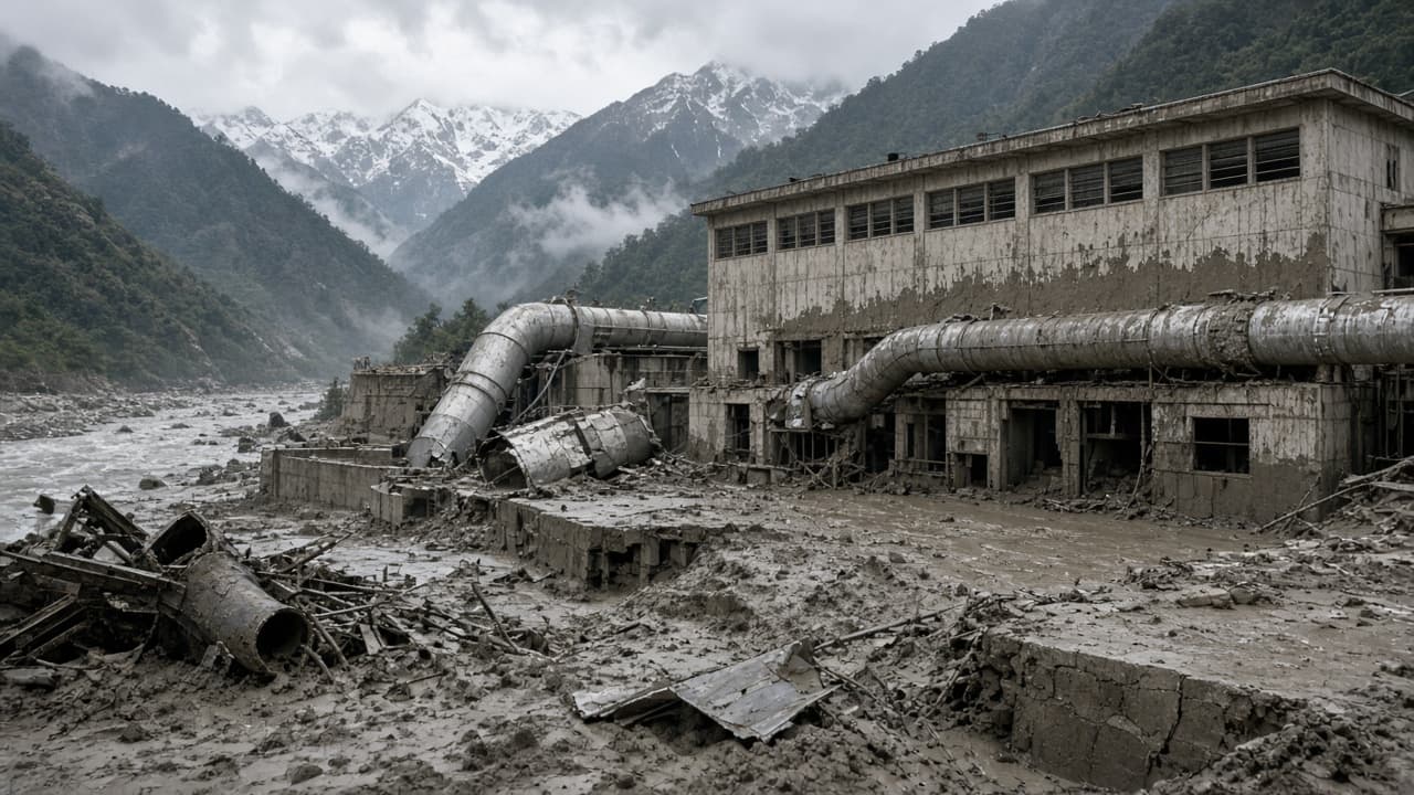 Illustrative view of a hydropower plant damaged by flood mud and debris
