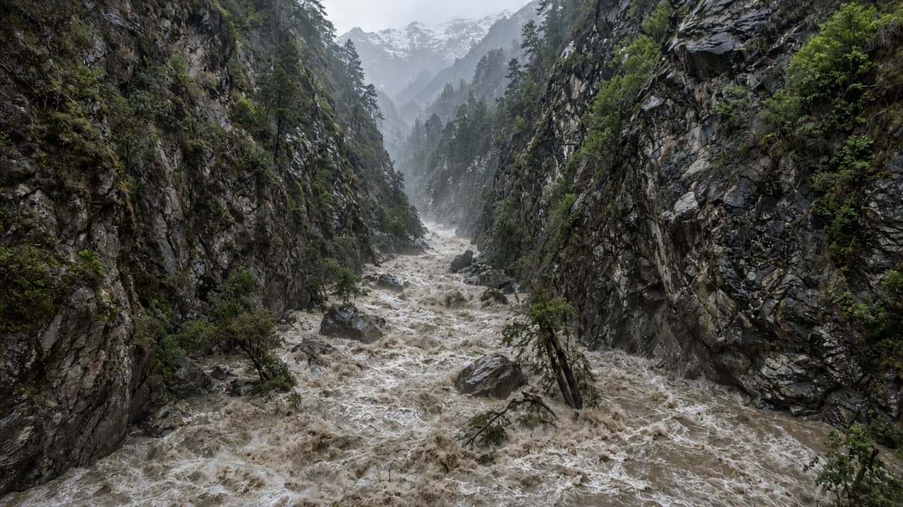 Illustrative view of a debris-filled flash flood in a Himalayan gorge
