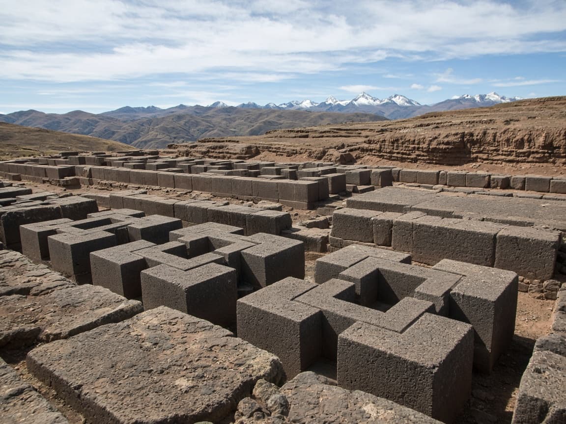 Illustrative view of cut stone blocks at Puma Punku, Bolivia
